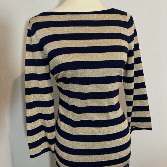 Ralph Lauren Sweater Dress Neutral Metallic Stripes Midi Office Bodycon Casual - Picture 11 of 12